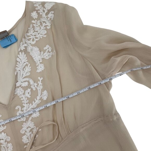 Sheer Beige silk Long Sleeve Embroidered Blouse Tie Waist  flowy boho feminine m - Picture 6 of 9